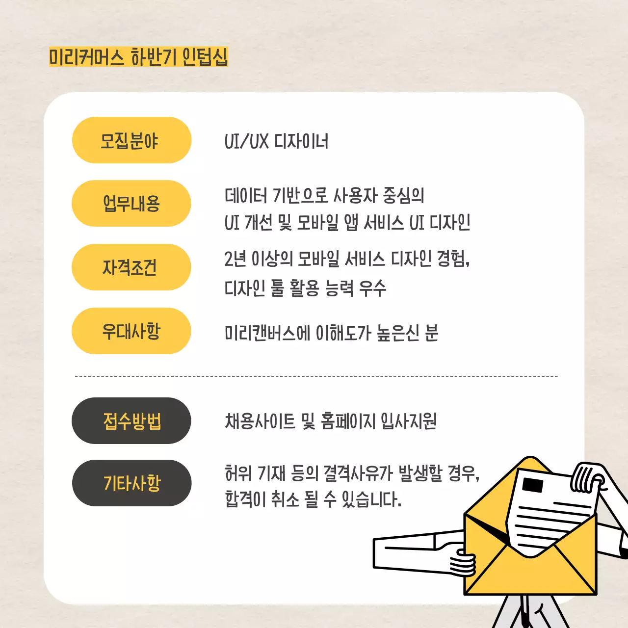 종이질감 배경과 노랑과 블랙의 일러스트로 된 인턴십 채용 공고