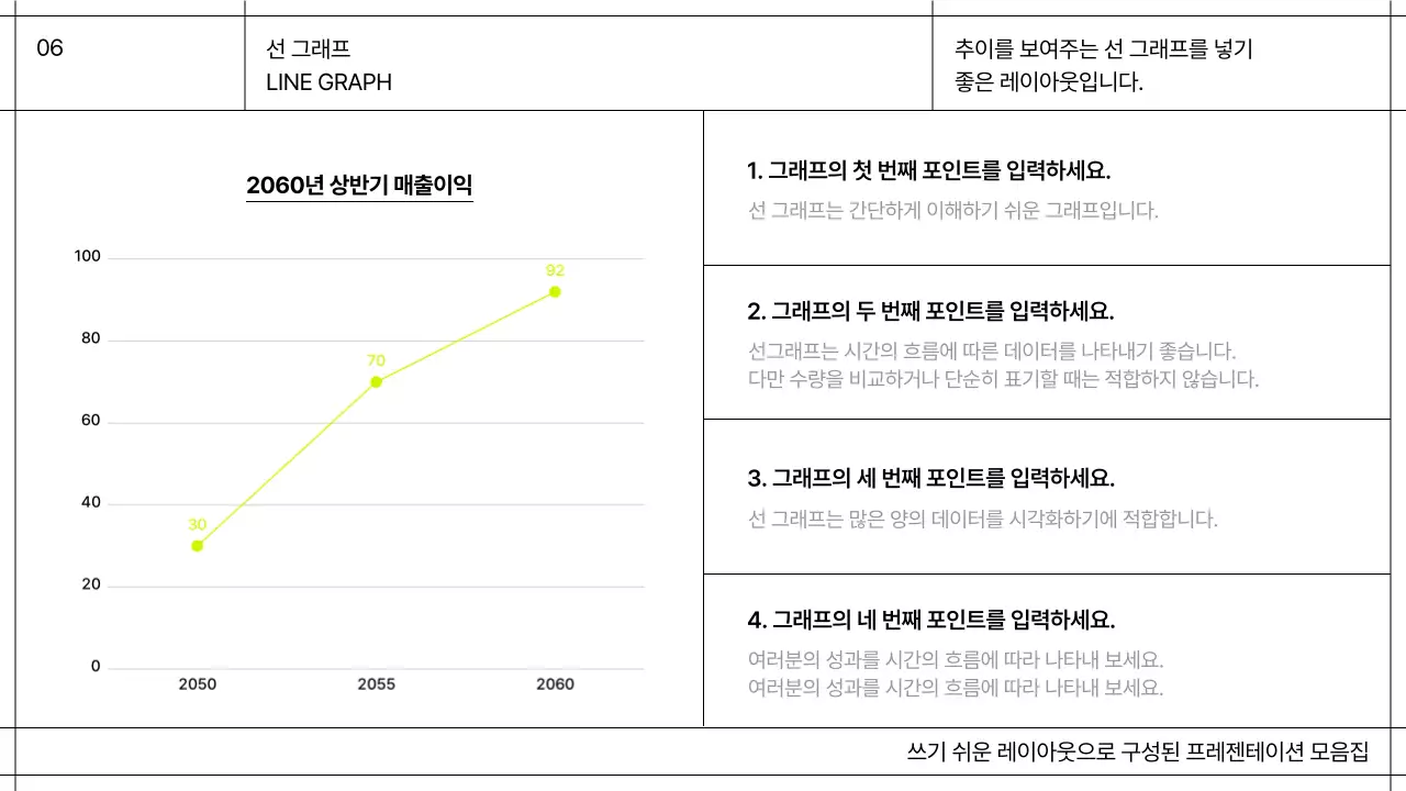 화이트와 블랙 라인의 그리드를 강조한 심플한 성과 보고 레이아웃