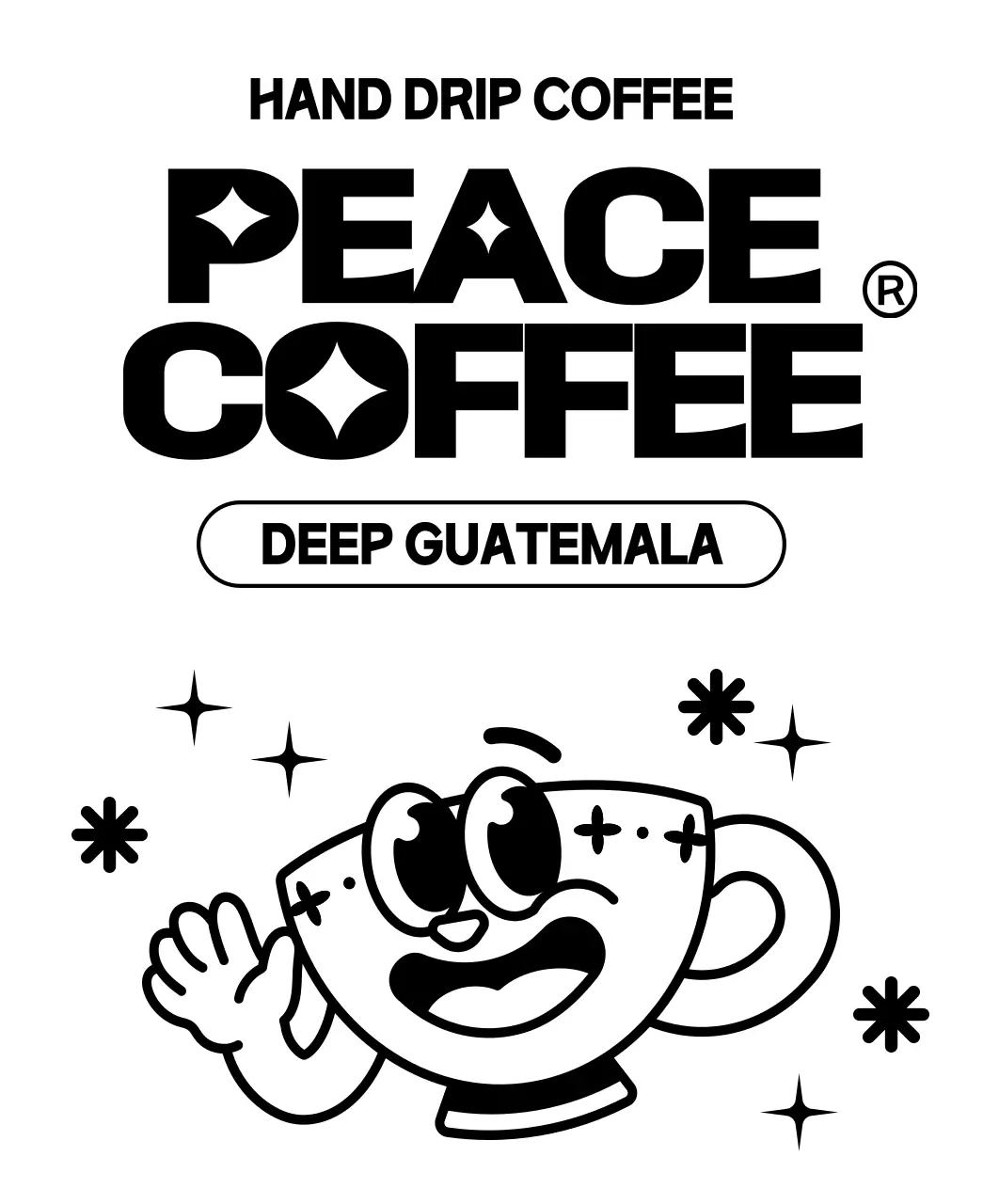 검정색의 커피컵 캐릭터 일러스트가 있는 귀여운 디자인의 커피 원두