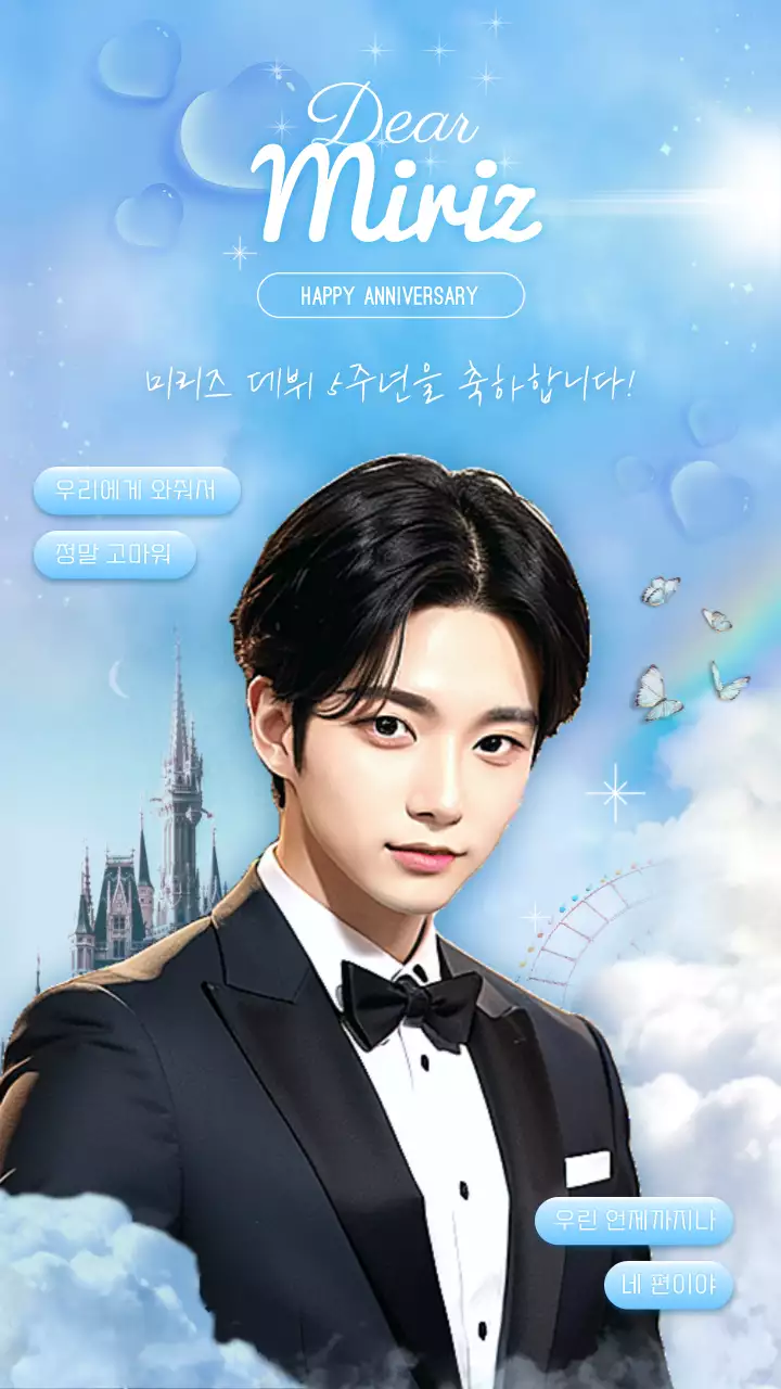 하늘색 구름 판타지 테마의 사진 합성 아이돌 데뷔 축하