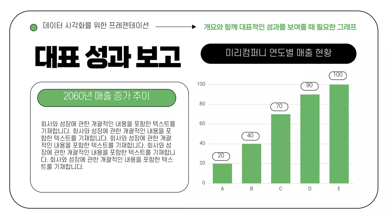 초록색 포인트의 라인 일러스트와 프레임을 활용한 차트와 인포그래픽