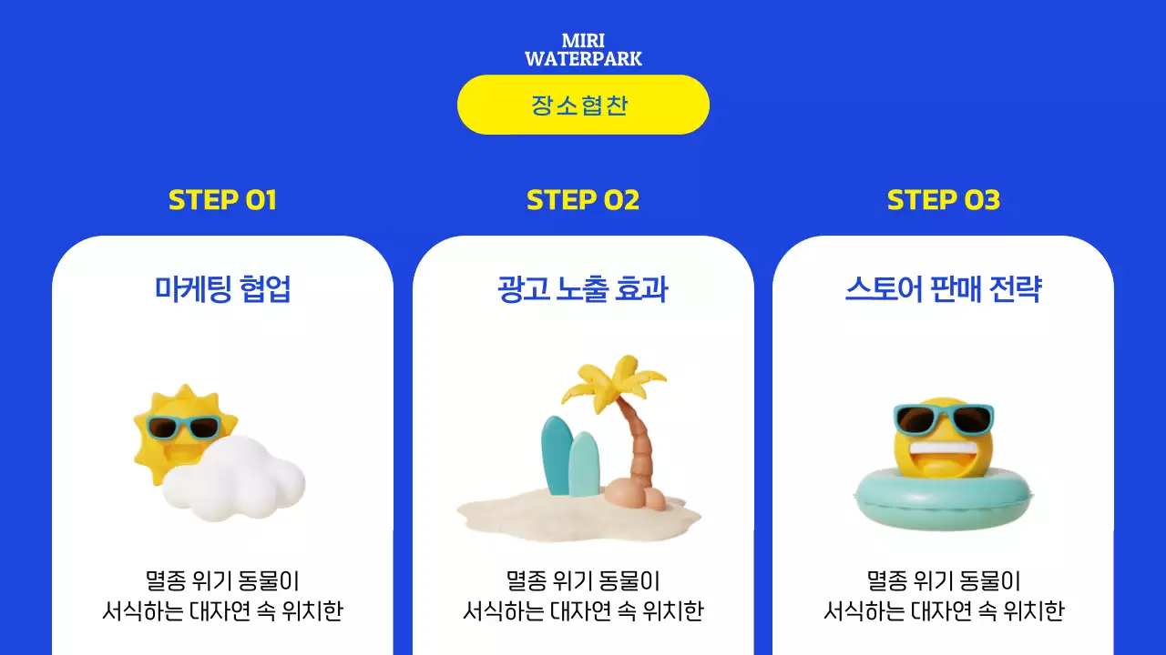 파란색 노란색의 시원한 3d 요소를 사용한 워터파크 제휴제안서