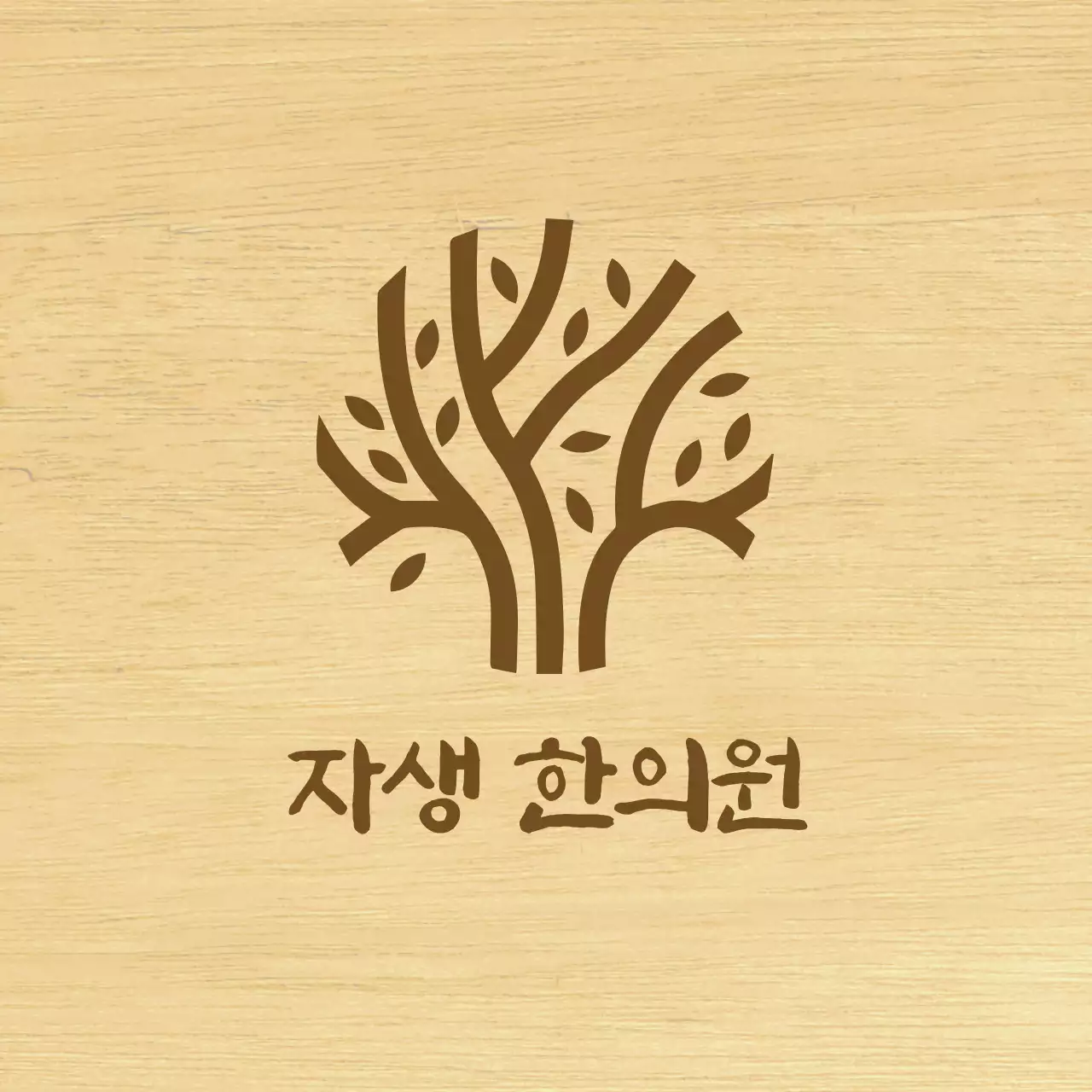 갈색의 텍스트와 나무 라인 일러스트로 이루어진 고급스러운 느낌의 한의원 현판