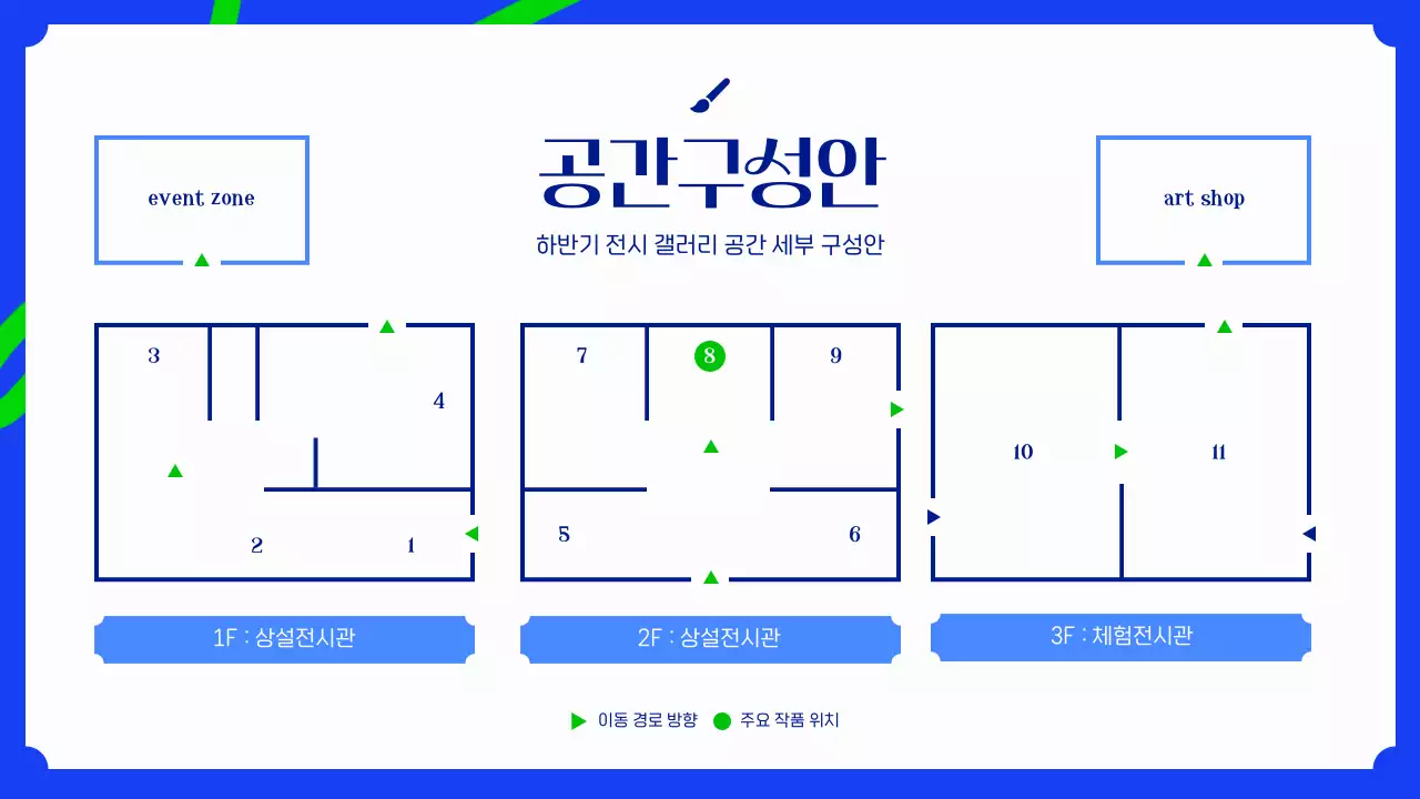 파란색과 연두색의 강렬한 미술관 전시 기획안