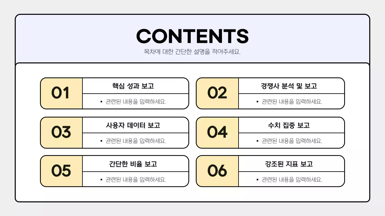 하늘색과 노랑색 파스텔톤의 심플한 성과보고서 발표자료