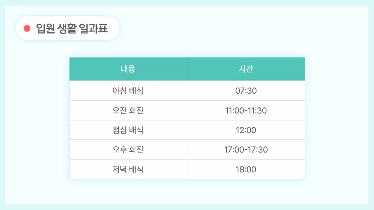 민트색과 다홍색의 심플한 입원 생활 안내