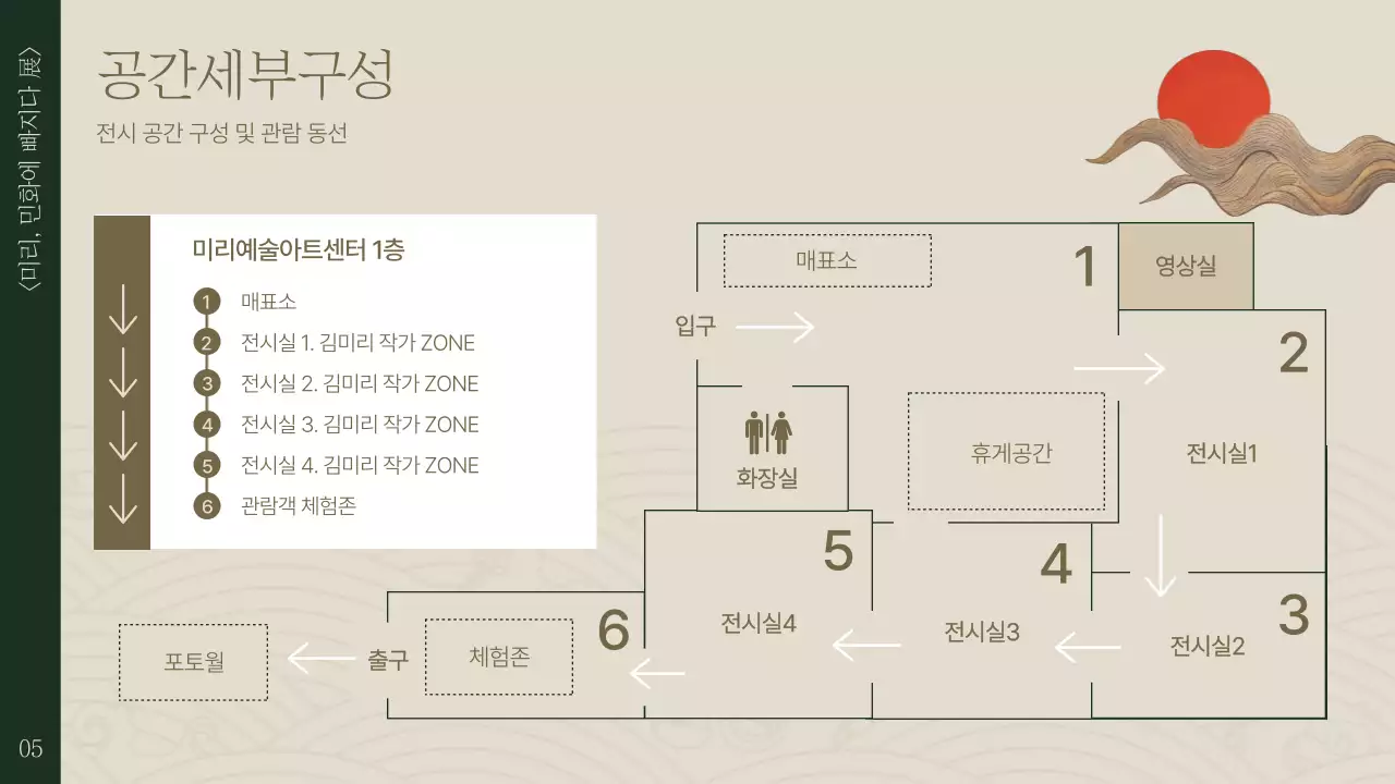 초록색과 베이지색의 전통적인 민화 전시 기획서