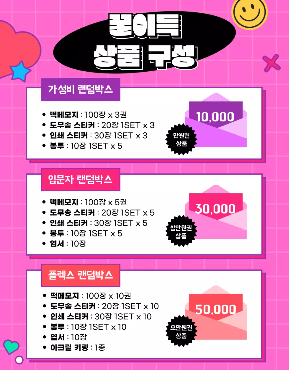 핑크색의 화이트칠판으로 작성한 랜덤박스 이벤트