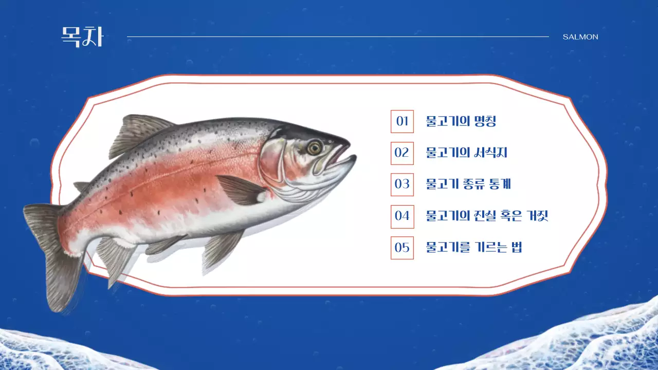 파랑 주황 조합의 클래식한 연어 일러스트가 그려진 물고기 인포그래픽