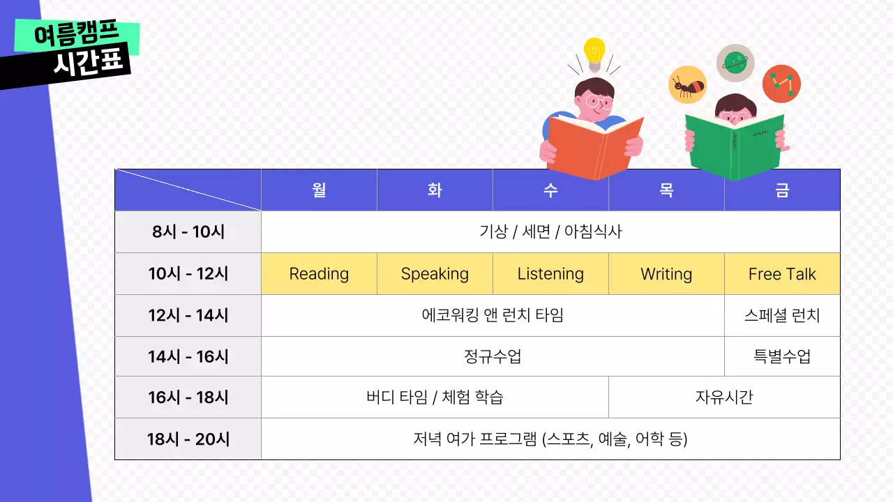 파랑과 화이트의 시원하고 매력적인 깔끔하고 통통 튀는 도형위주의 어학원 교육 방학 여름캠프