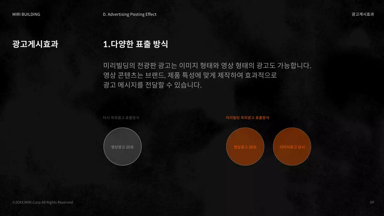 검정색과 주황색의 깔끔한 빌딩 광고 상품 소개서