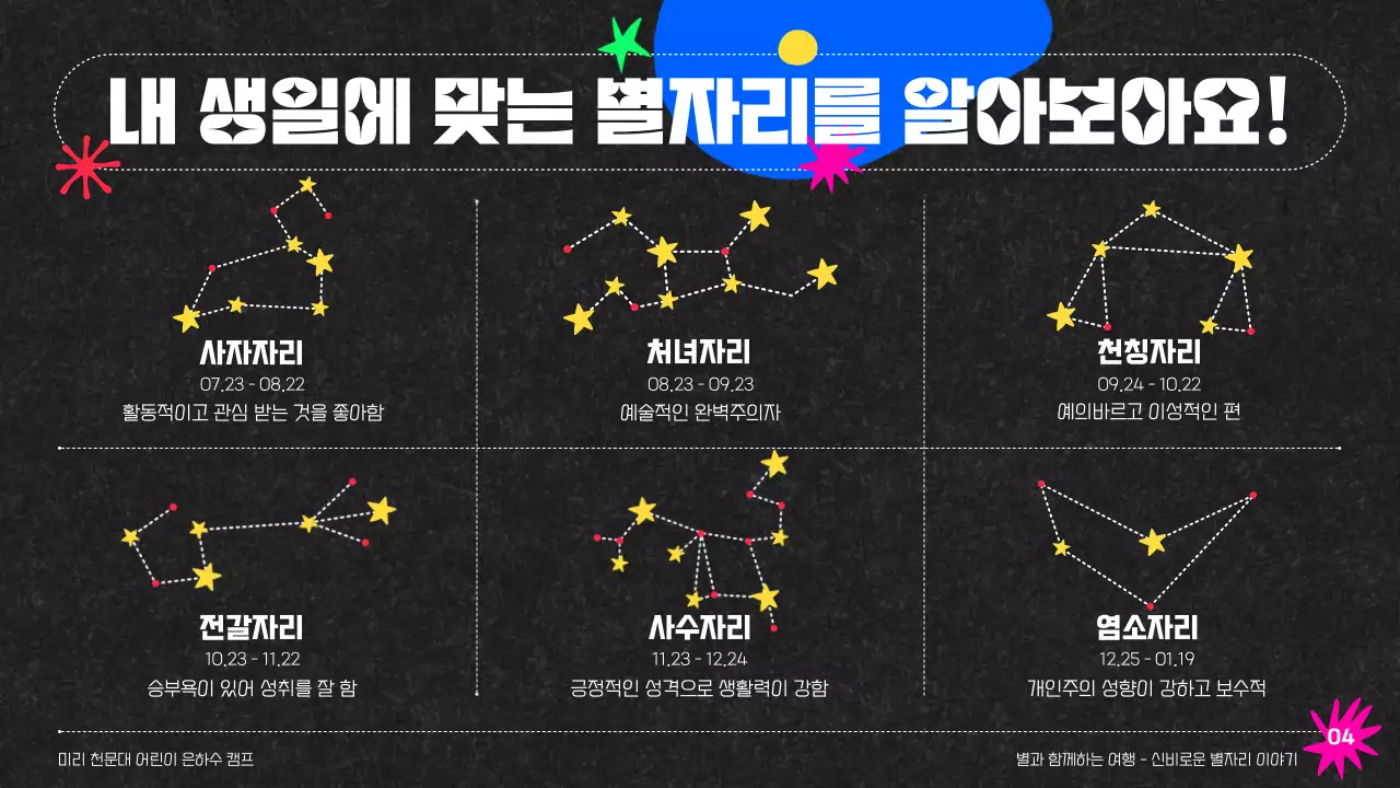 블랙배경의 컬러풀한 천문대 은하수캠프 별자리 교육 자료