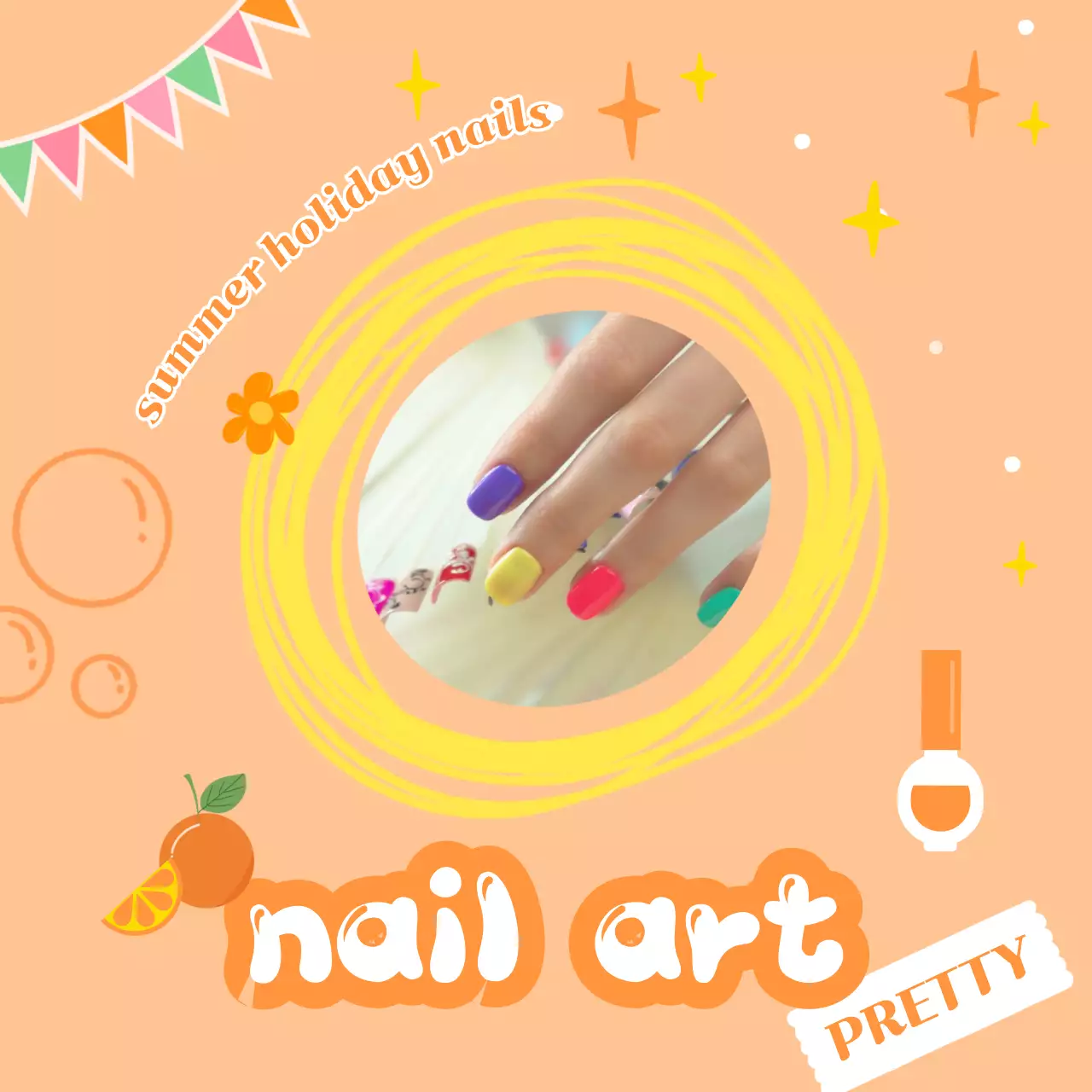 주황색 배경의 귀여운 여름 네일아트 홍보