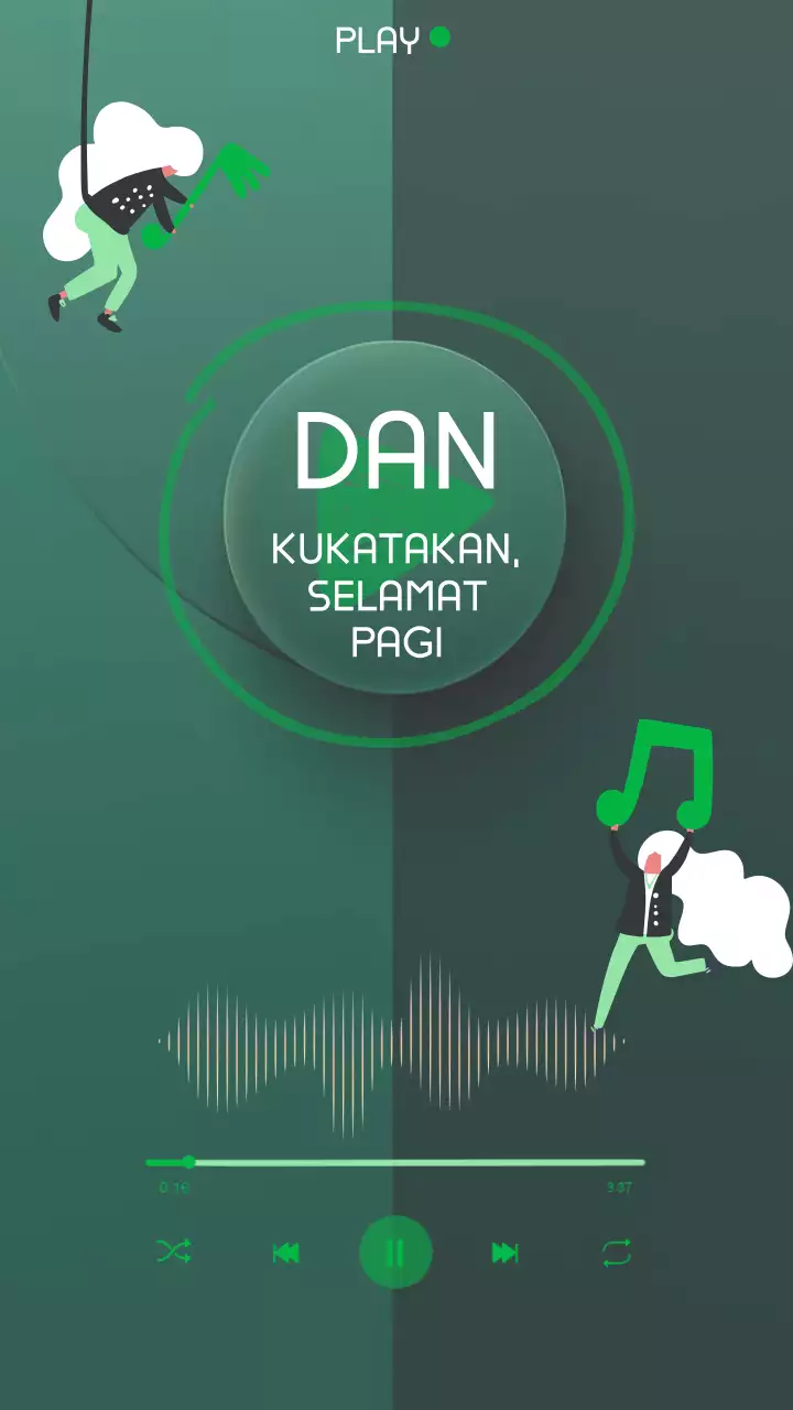 녹색배경에 플레이버튼 과 귀여운 아이콘 그리고 사운드바 플레이리스트 