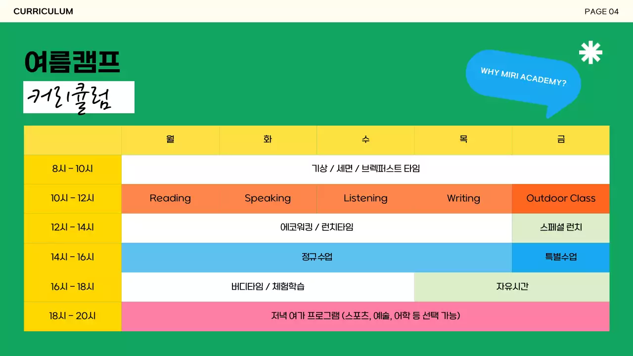 컬러풀한 색감과 플랫한 일러스트 도형이 들어간 영어원서 컨셉의 어학원 여름캠프 제안