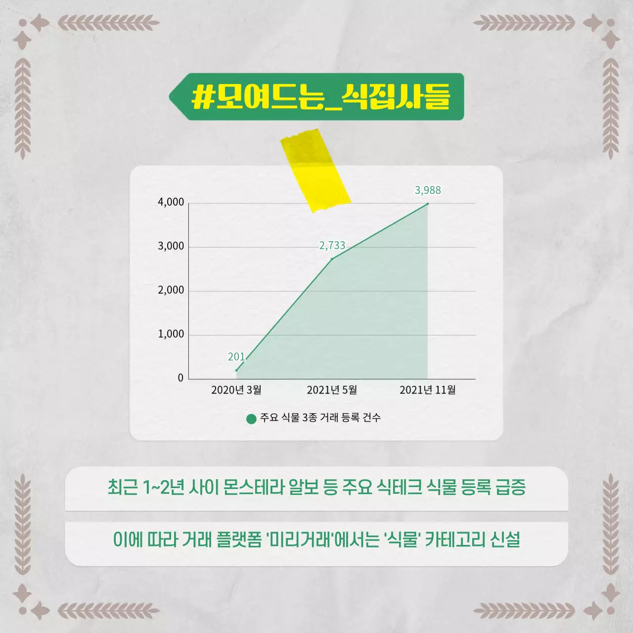 초록색과 회색을 사용한 빈티지 종이 컨셉의 식물 정보제공