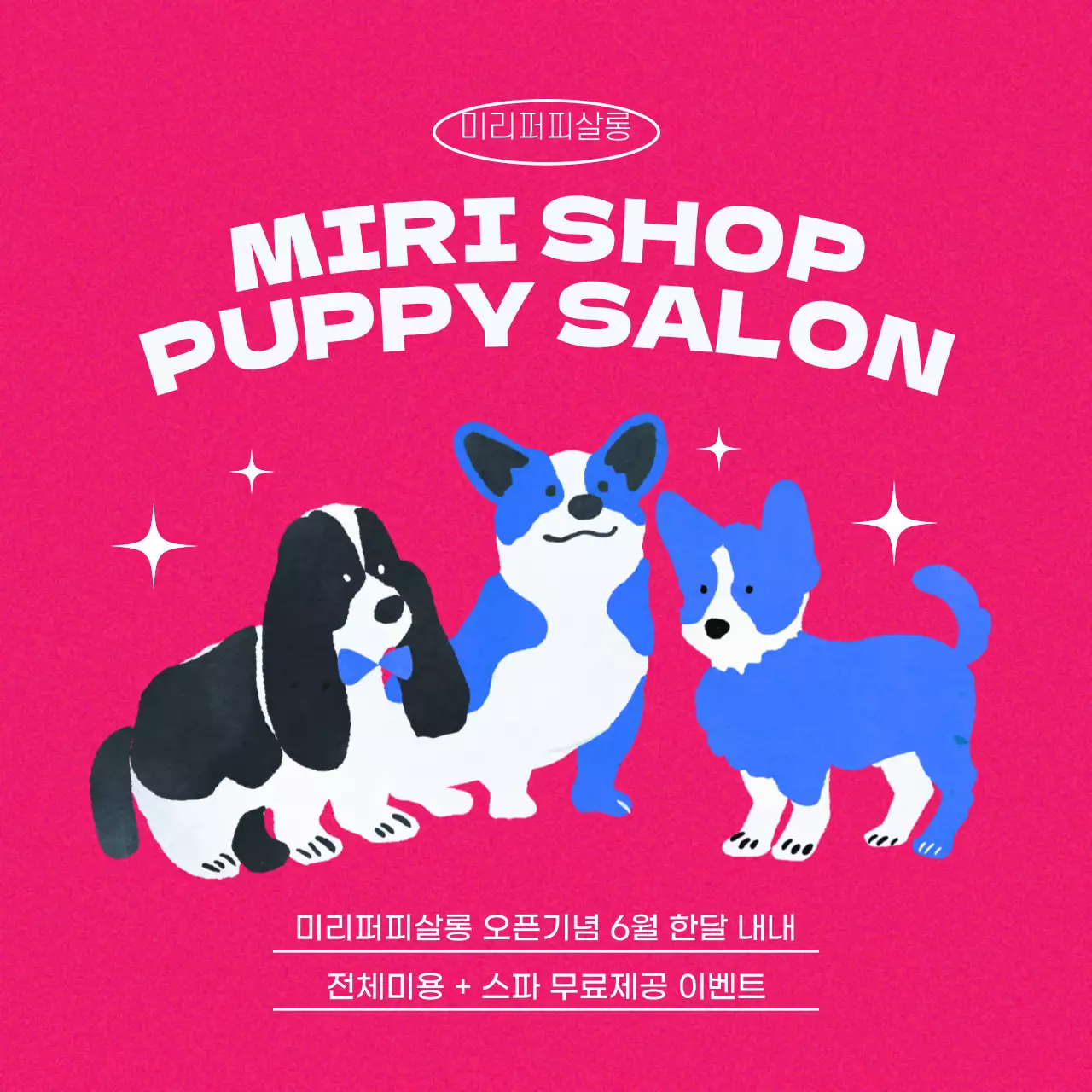 핑크색의 귀여운 일러스트 느낌의 반려동물 미용 홍보 내용