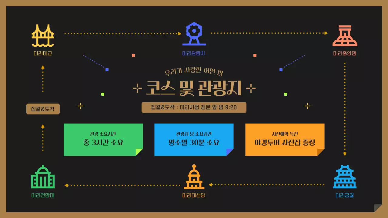 검정색과 컬러풀한 귀여운 야경 투어 안내