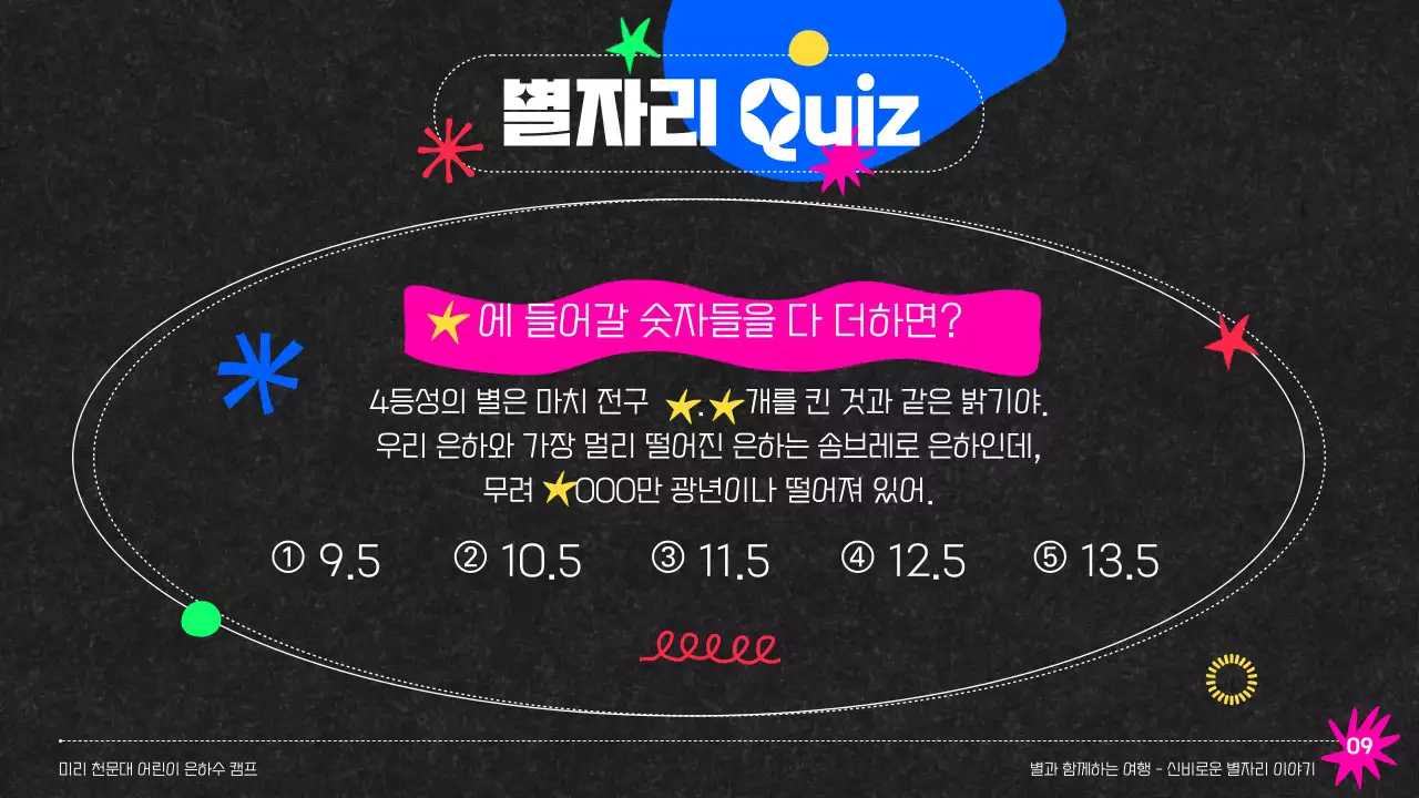 블랙배경의 컬러풀한 천문대 은하수캠프 별자리 교육 자료