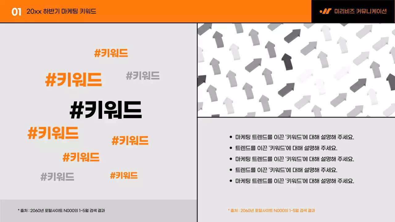 흑백과 주황색의 미니멀한 마케팅 트렌드 보고서