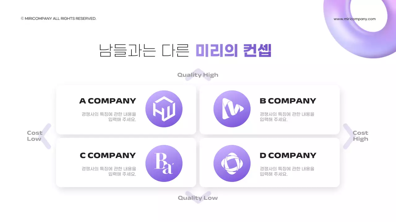 보라색 그라데이션의 3d 도형을 활용하 비지니스 발표용