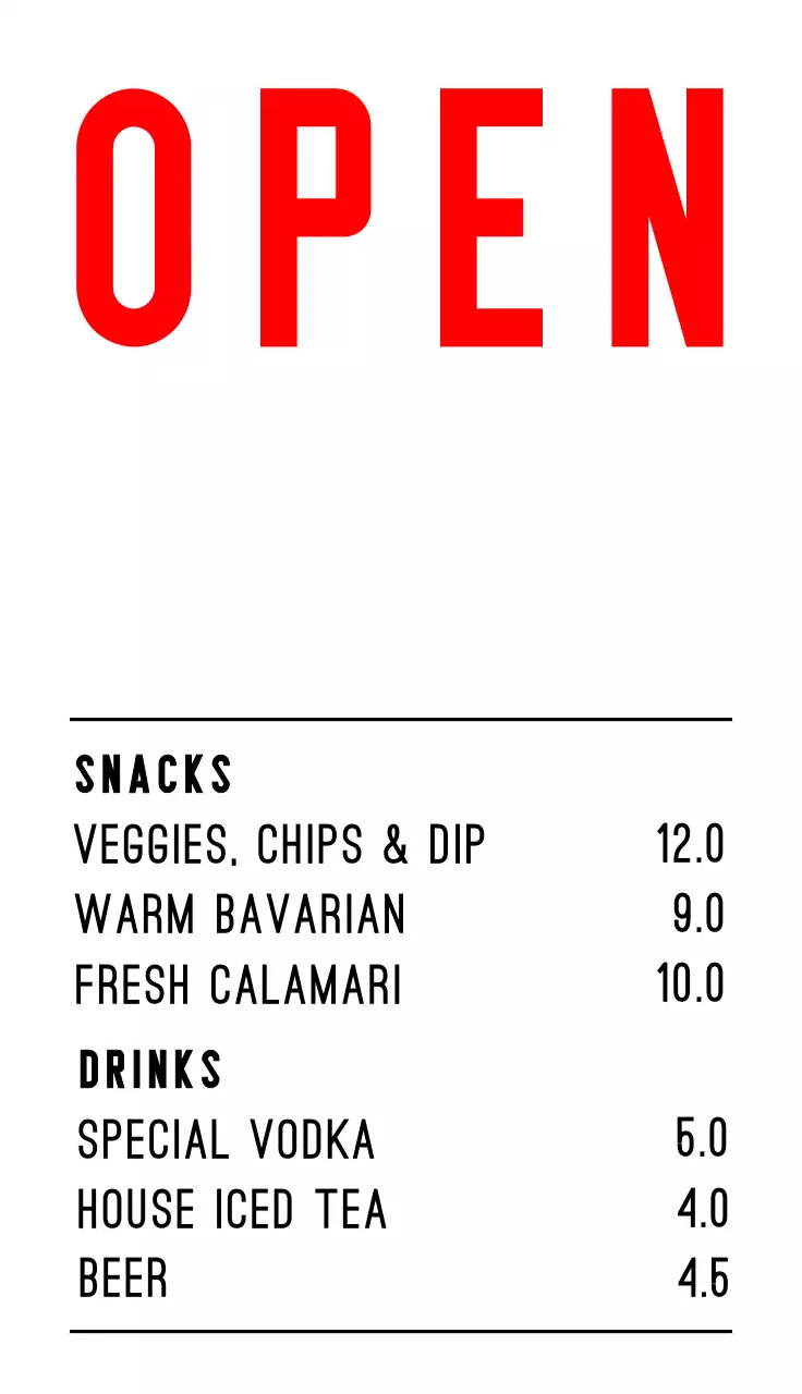 흰색 검정 빨간색의 펍 매장 관련 텍스트와 일러스트로 이루어진 레트로한 느낌의 메뉴 영업시간 입간판