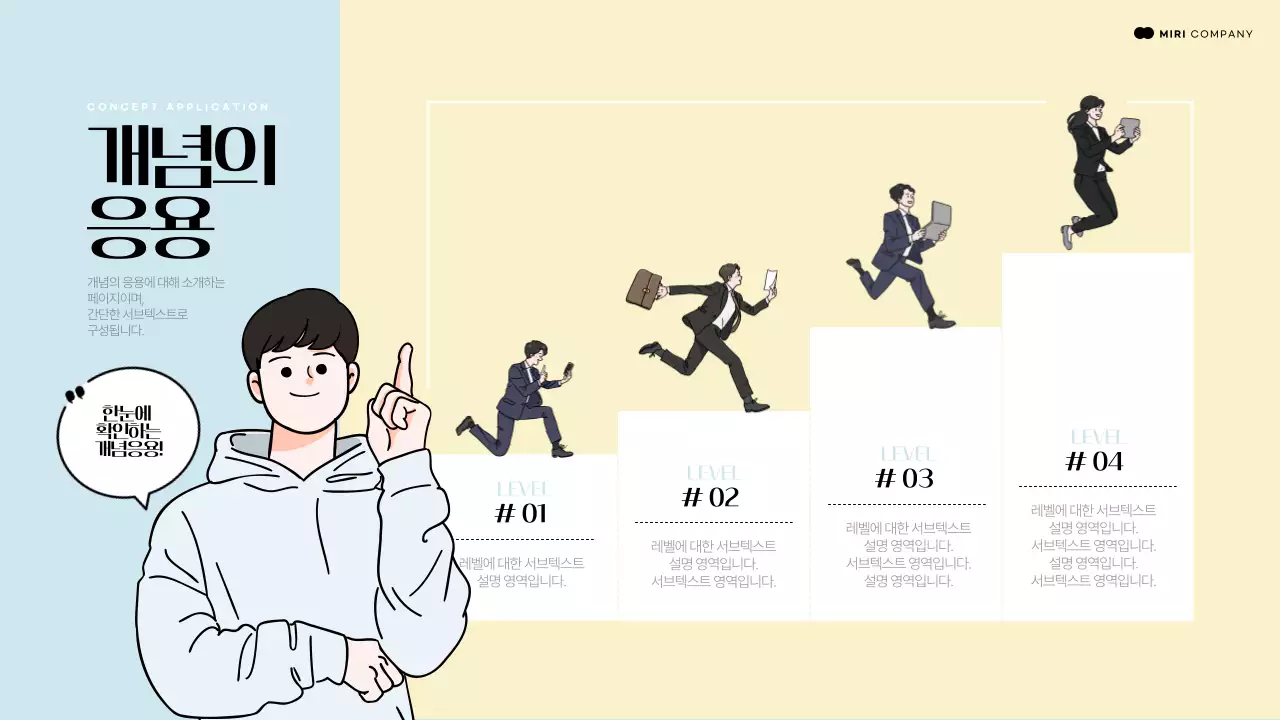 하늘색과 노란색의 공간을 가리키는 인물요소를 활용한 개념소개 발표자료