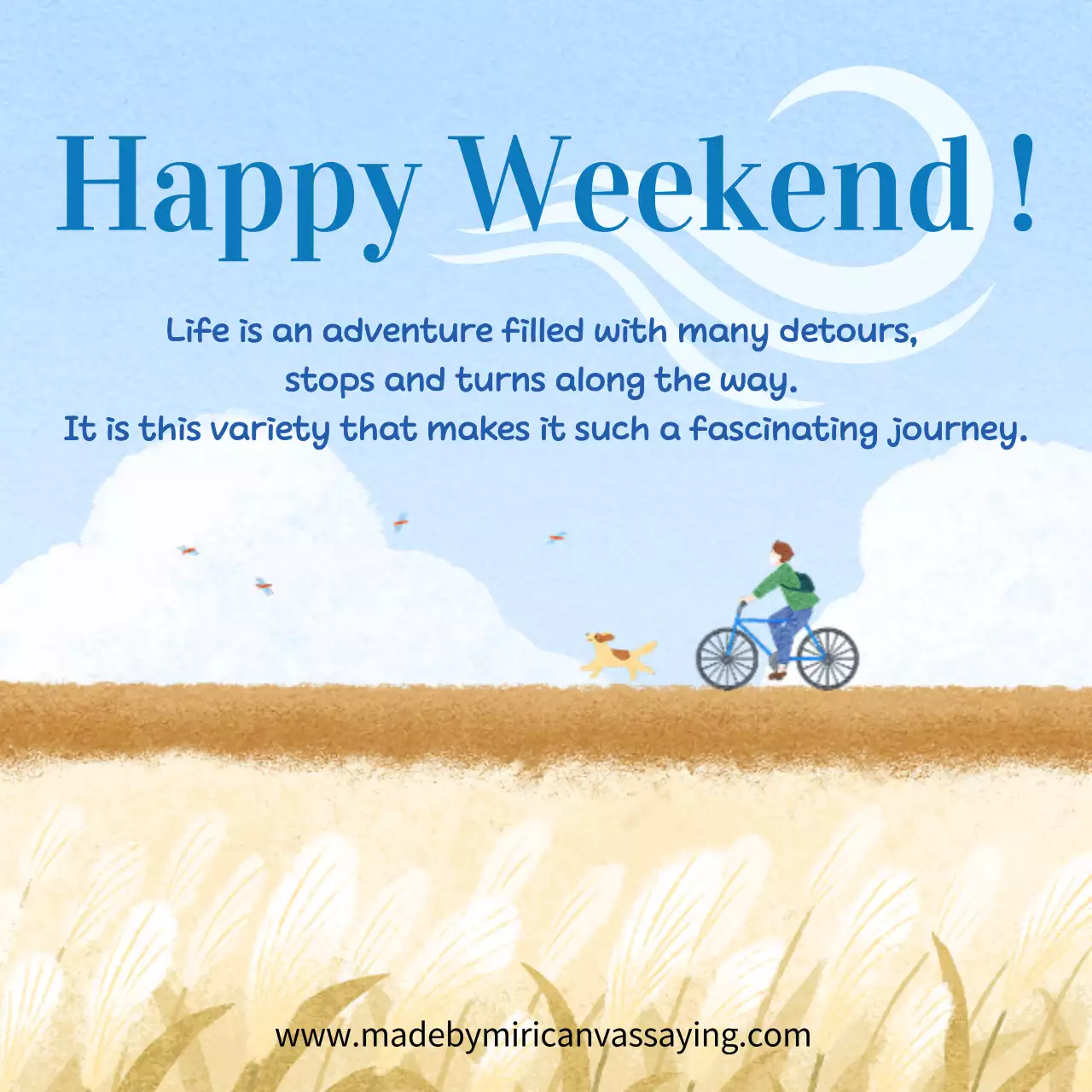 파란 하늘과 황금빛 들판에서 자전거 타기 행복한 주말 그림 그리기 인스타그램 게시물