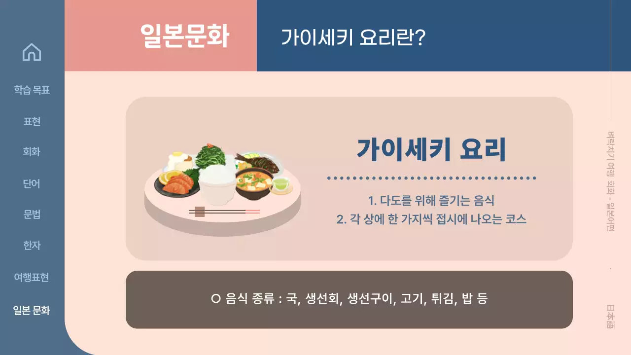 베이지 색 배경에 도형과 텍스트로 심플하게 활용하기 쉬운 일본어 교육 자료