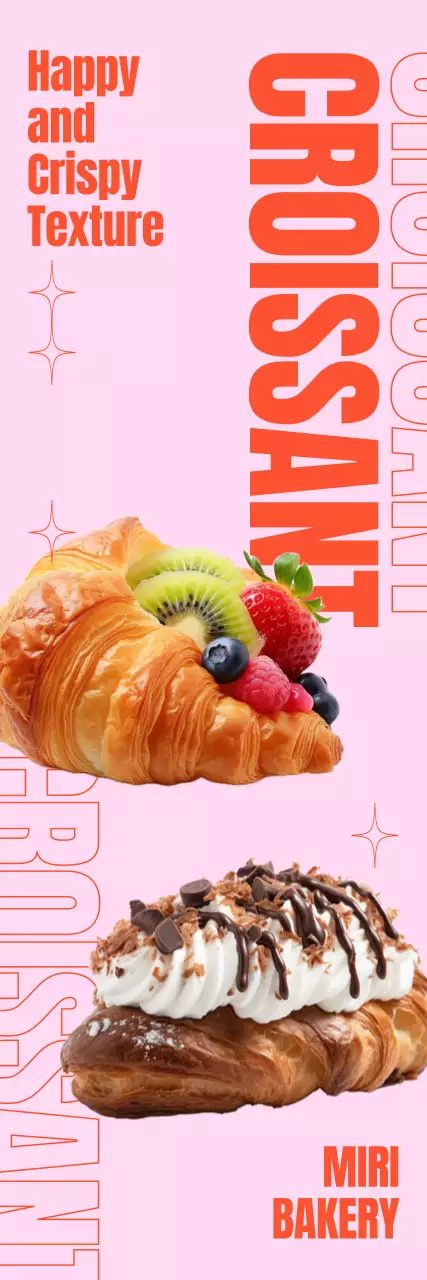 크로와상 빵 실사 이미지와 과감한 텍스트 레이아웃 및 도형 그래픽으로 포인트를 준 카페 베이커리 메뉴