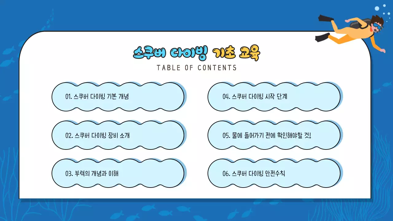 파란색 계열과 노란색 텍스트 포인트의 시원한 해양컨셉의 스쿠버 다이빙 프로그램 교육 자료 V2