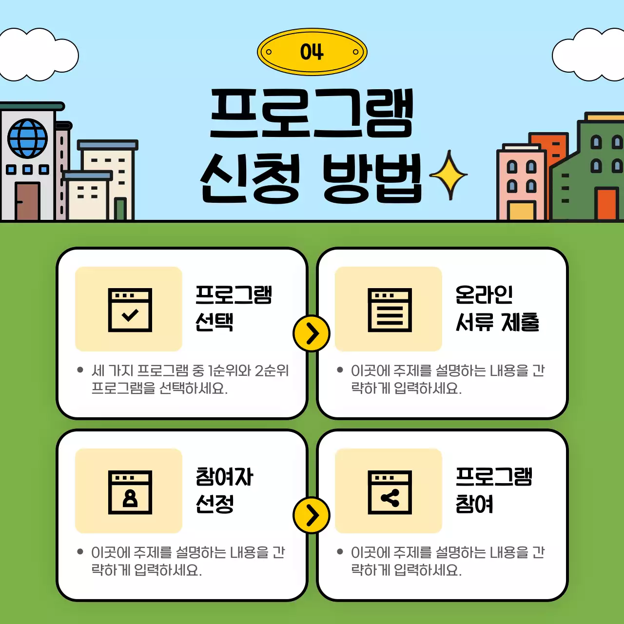 노란색과 하늘색의 귀여운 컨셉의 진로 체험 프로그램 안내