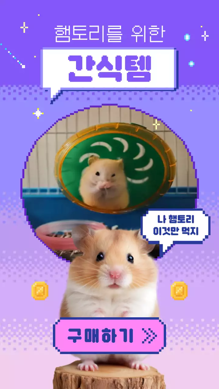 컴퓨터 픽셀느낌의 배경에 귀여운 햄스터가 메인으로 애완동물 간식템 추천 홍보 동영상