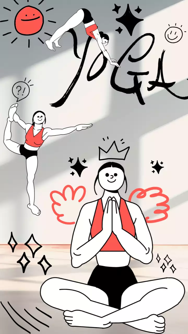 회색 배경실내에서 요가를 하고 있는 여자의 귀여운 일러스트 홍보 동영상