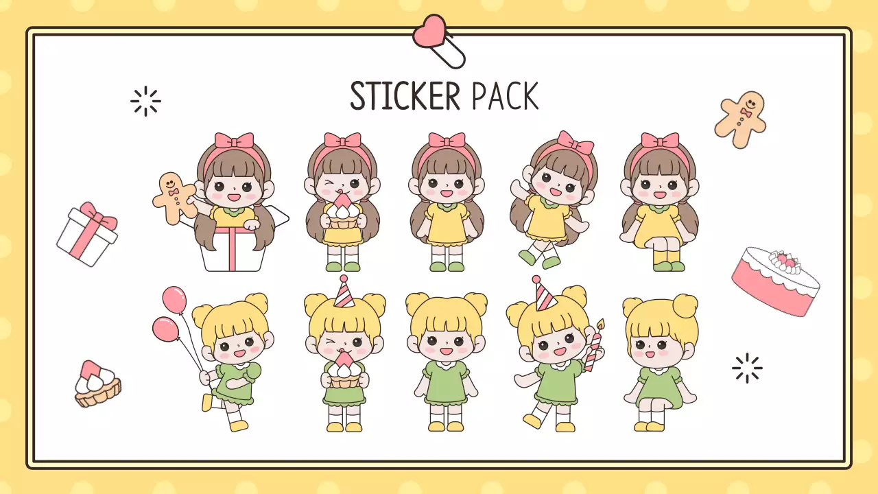 노랑과 핑크색의 심플한 캐릭터와 함께하는 생일축하 기획서