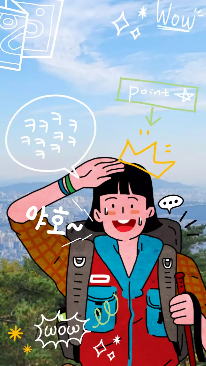 하늘색 배경에 등산하는 여자의 귀여운낙서 일러스트 홍보 동영상