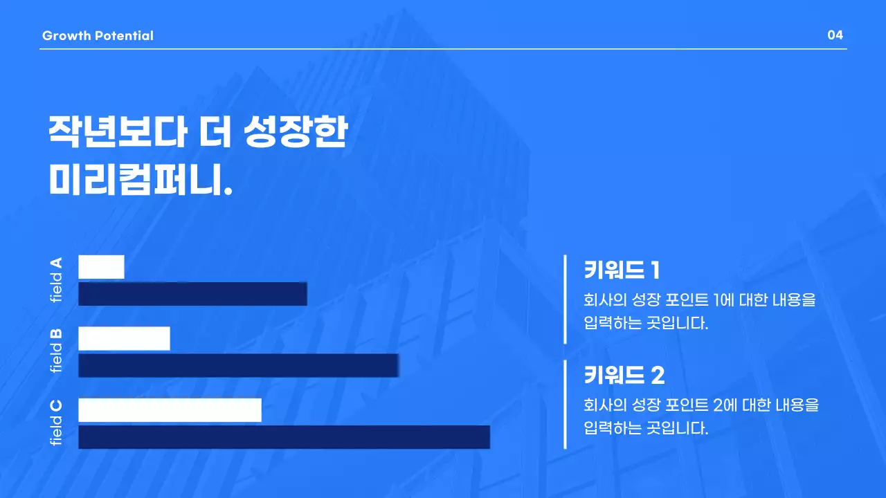 파랑과 흰색의 모던한 비즈니스 발표용 회사소개서