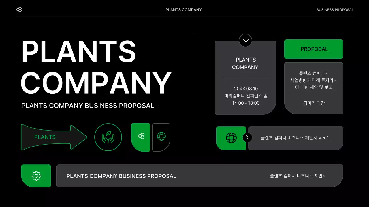검정색과 녹색 자연 잎 컨셉의 비즈니스 사업 제안서