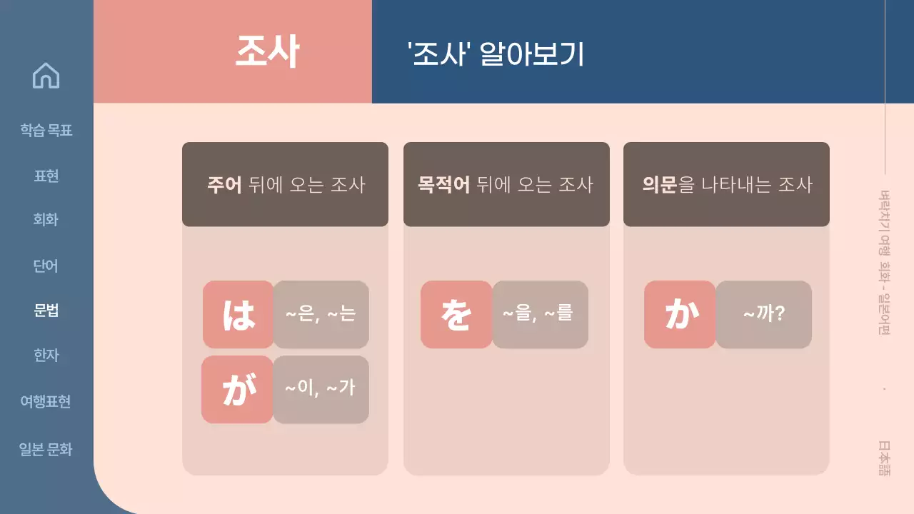 베이지 색 배경에 도형과 텍스트로 심플하게 활용하기 쉬운 일본어 교육 자료