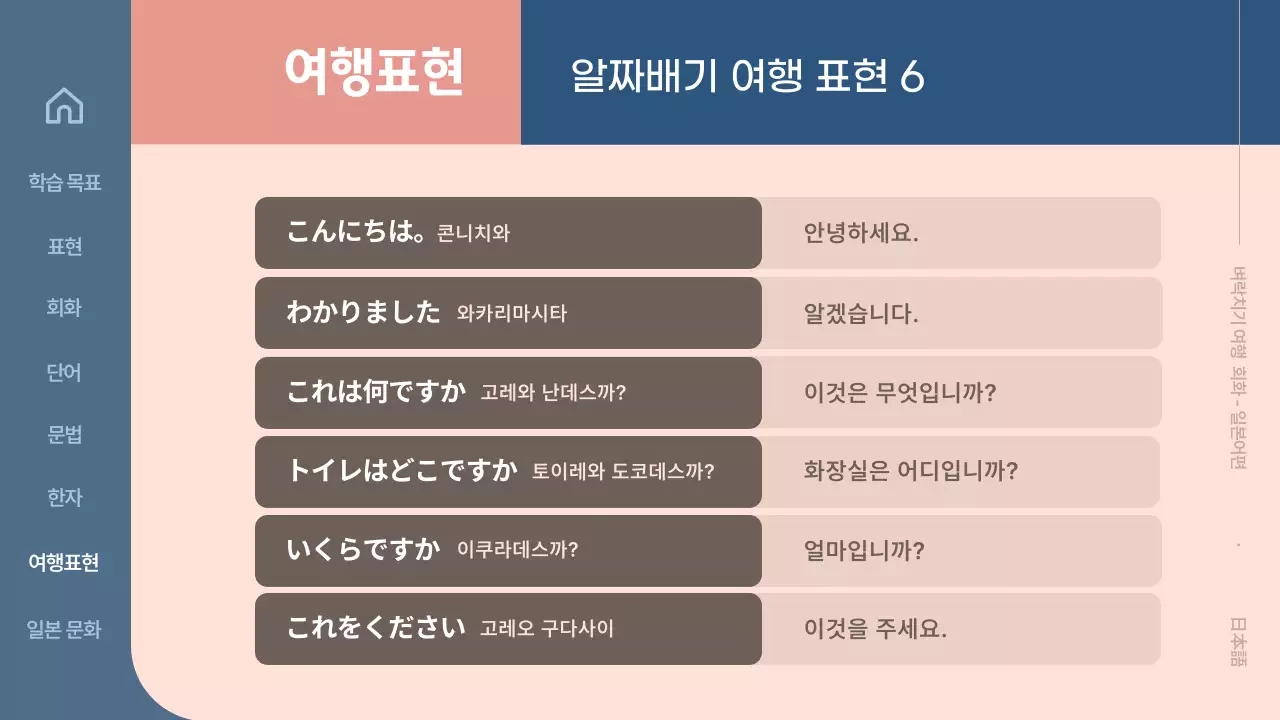 베이지 색 배경에 도형과 텍스트로 심플하게 활용하기 쉬운 일본어 교육 자료
