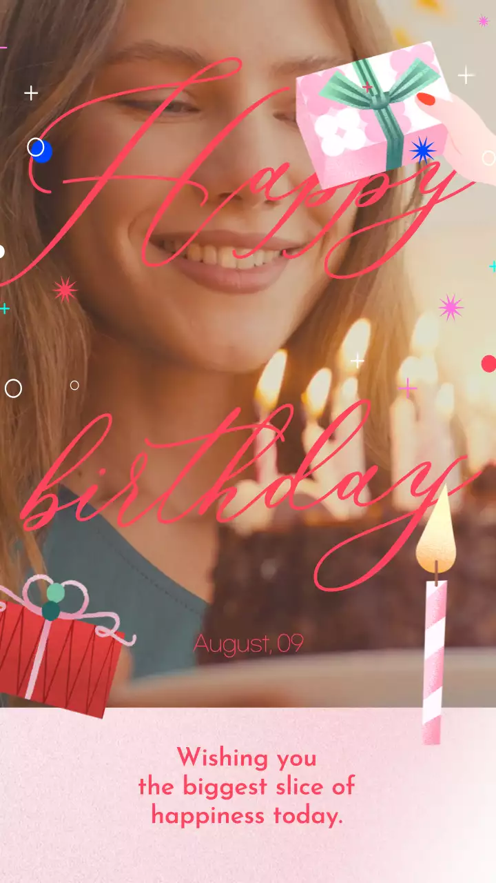 핑크색 노이즈가 들어간 배경에 사랑스럽고 키치한 느낌을 주는 생일축하 축전