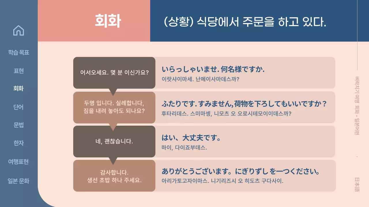 베이지 색 배경에 도형과 텍스트로 심플하게 활용하기 쉬운 일본어 교육 자료