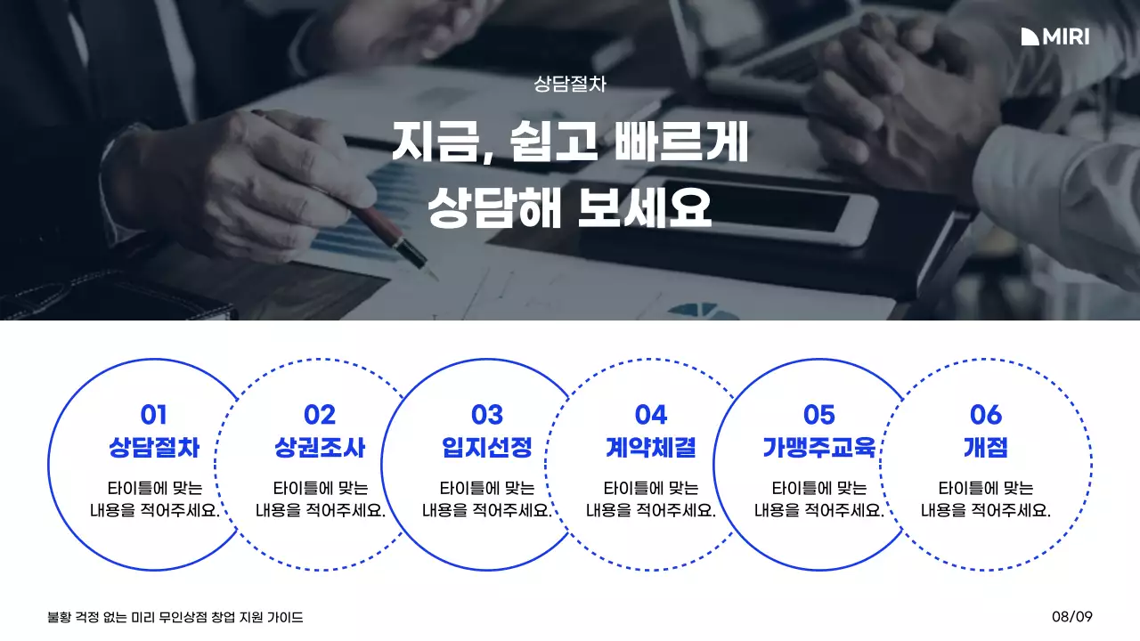 화이트와 블루 블랙의 컬러와 그리드레이아웃의 미리무인상점 창업지원 가이드