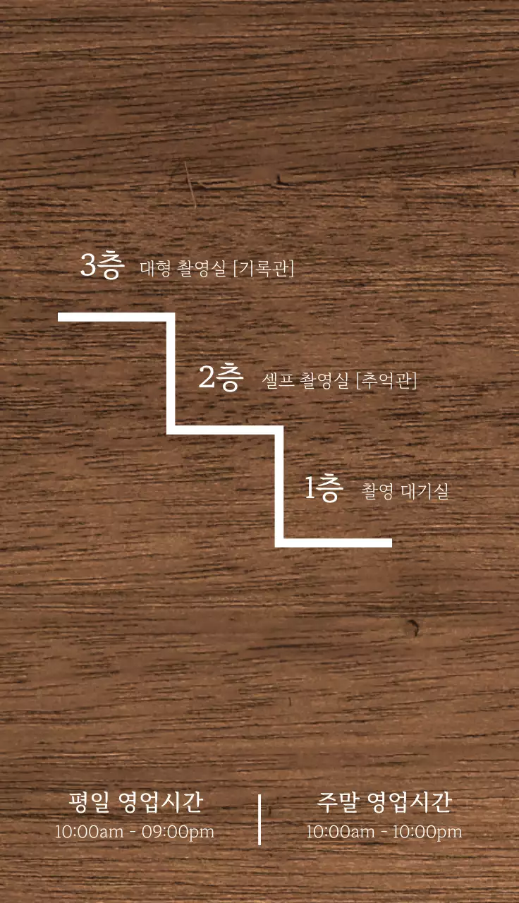 흰색의 계단과 층별 안내가 있는 사진관 안내용