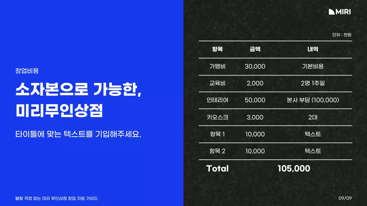 화이트와 블루 블랙의 컬러와 그리드레이아웃의 미리무인상점 창업지원 가이드