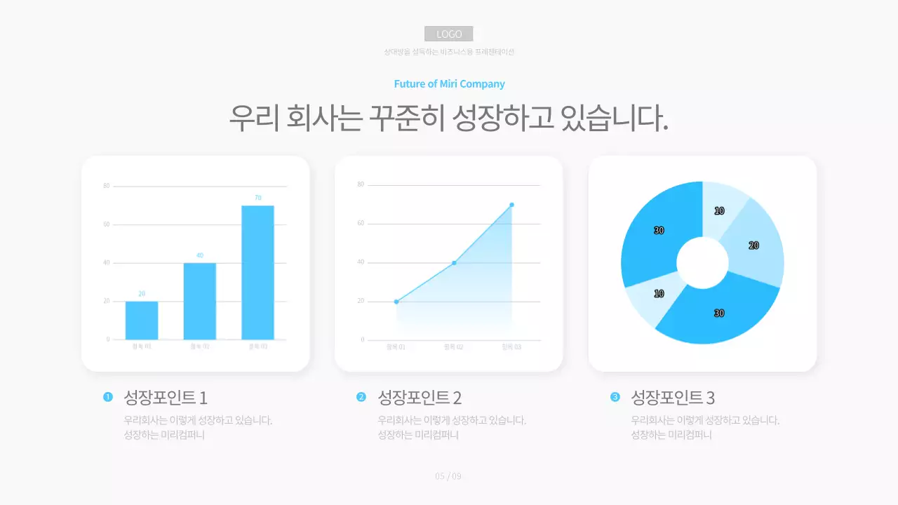 흰색과 하늘색의 미니멀한 비즈니스용 회사소개서