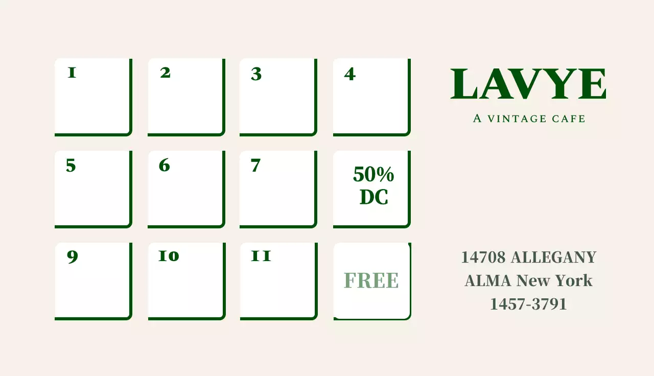 초록색 배경의 카페 로고가 있는 빈티지 도장쿠폰 명함