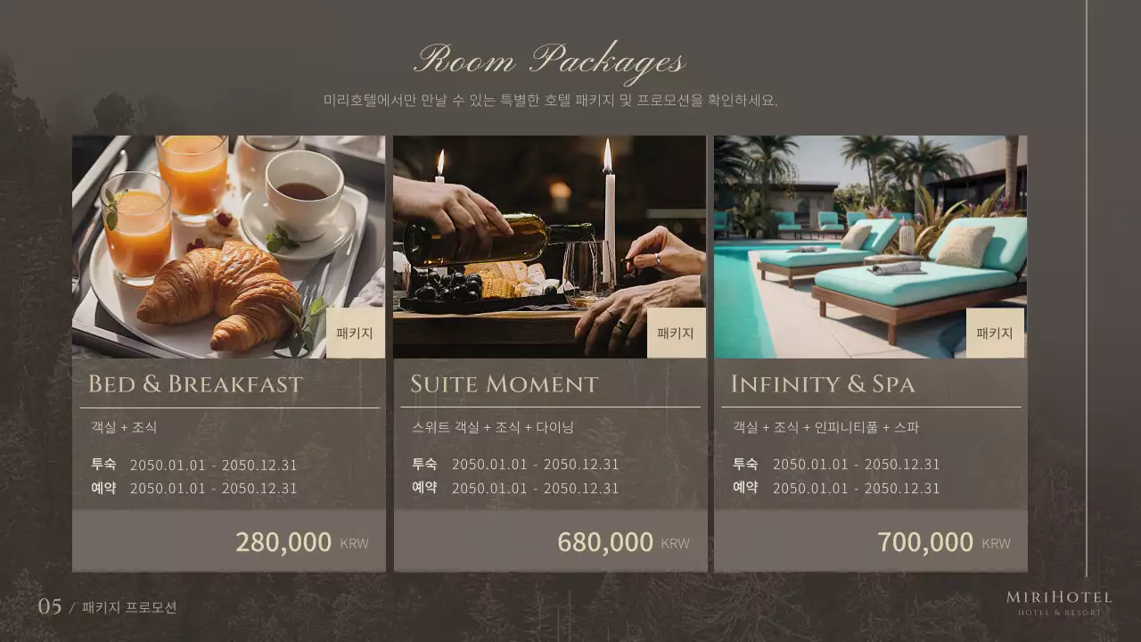 갈색과 베이지의 모던하고 고급스러운 호텔 패키지상품 기획서