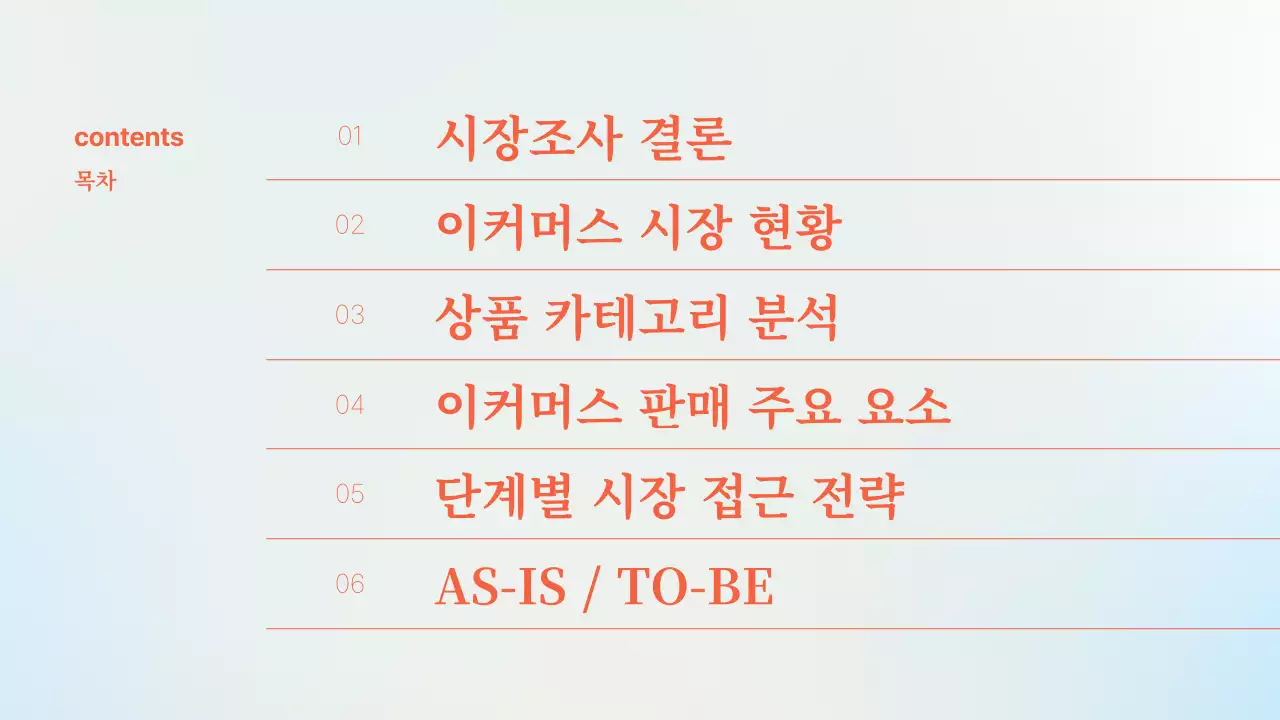 주황색과 하늘색의 고급스러운 시장조사 분석 보고서