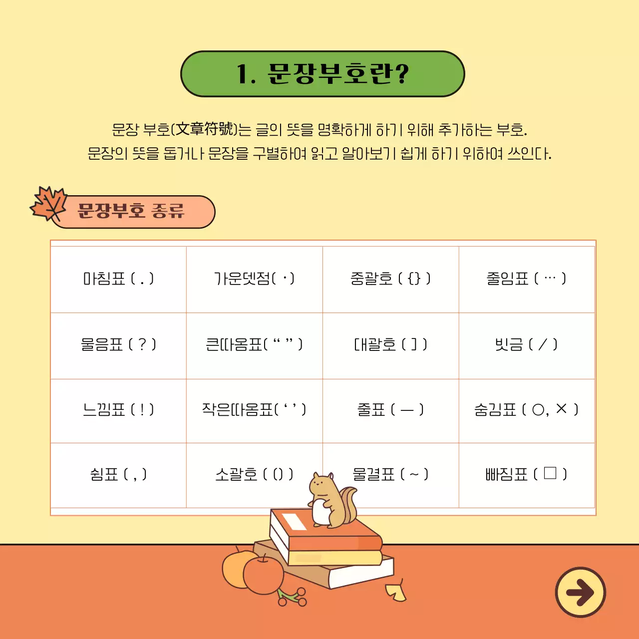 노란색과 주황색의 귀여운 일러스트가 포함된 우리말 수업 자료